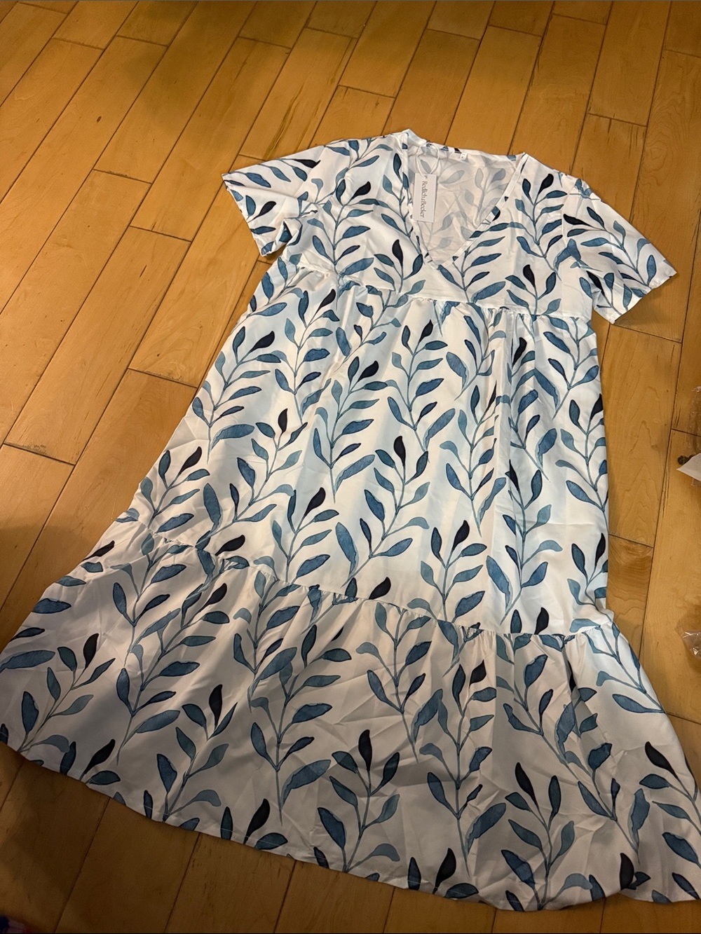 Women's White Maxi Dress with Blue Leaf Print
